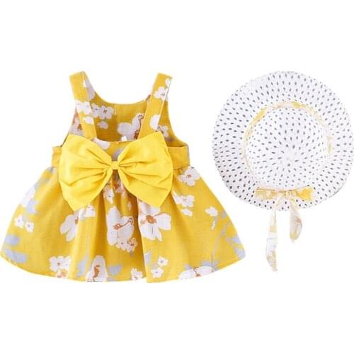 Pudcoco 2Pcs 0-3Y Baby Girls Infant Toddler Kids Summer Sleeveless Bowknot Floral Sling Sundress+Hat Outfits