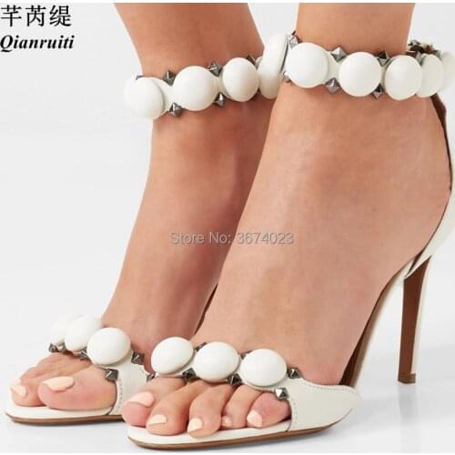 Qianruiti Kim Kardashian Fashion Heels Women Button Studded Sandals Pyramid Studs High Heels Open Toe Pom Pom Stilettos Party