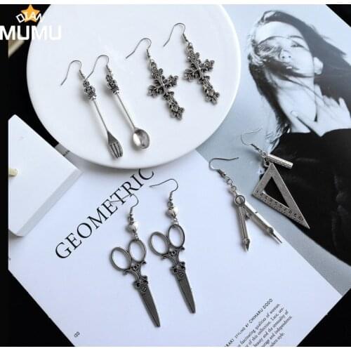 New creative funny punk fashion special design spoon fork triangle ruler scissors male and female charm earrings