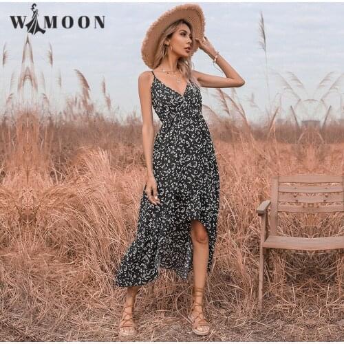 Summer New Chiffon Sexy Print Sling Dress Asymmetrical Ankle-Length Spaghetti Strap V-Neck Elegance medieval Dress for Women