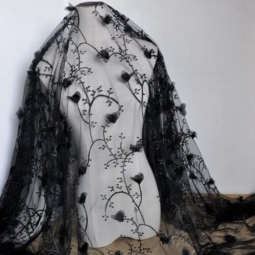 One meter High quality black mesh material three dimensional CHIFFON FLOWER tissu Skirt, dress Window screen sofa laying fabric