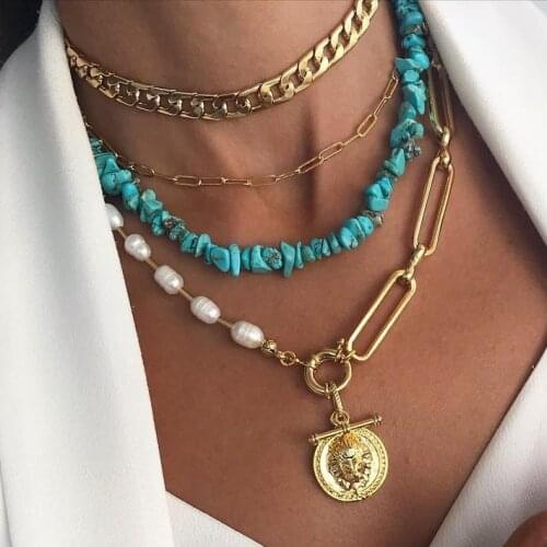 Vedawas Metal Layer Stone Link Chain Necklaces for Women Punk Gold Color Pearls Shell Collar Choker Necklaces Jewelry Party