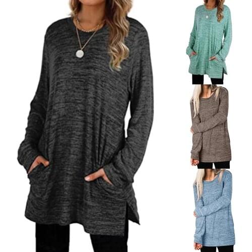 Blouses Women Casual Solid Color Sweatshirt Long Sleeve Blouse Pockets Split Hem Tunic блузка женская ropa de mujer 2020