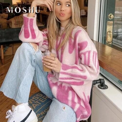 Women Oversized Pullover Sweater Casual Loose Jumper Crew Neck Korean Fashion Stripe Print Knitwear 2021 New Winter Top Femme