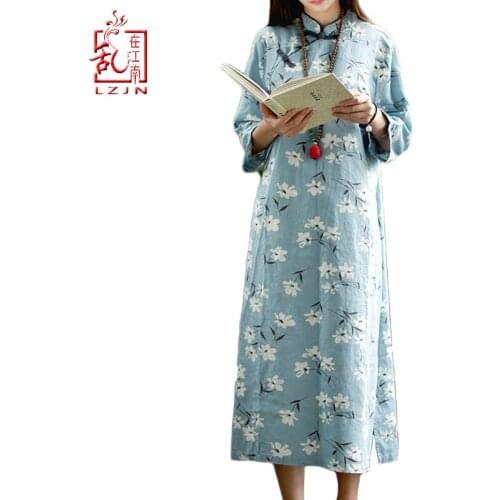 LZJN 2020 Summer Women Dress Floral Cheongsam Chinese Traditional Dresses Half Sleeve Mandarin Collar Vintage Robe Femme Qi Pao