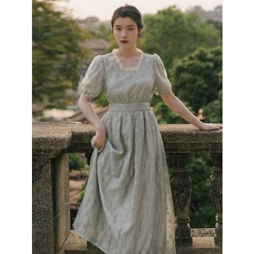 Women Summer Palace Retro Dress Chic Sense Niche Square Collar French First Love Sweet Puff Sleeve Midi Dress