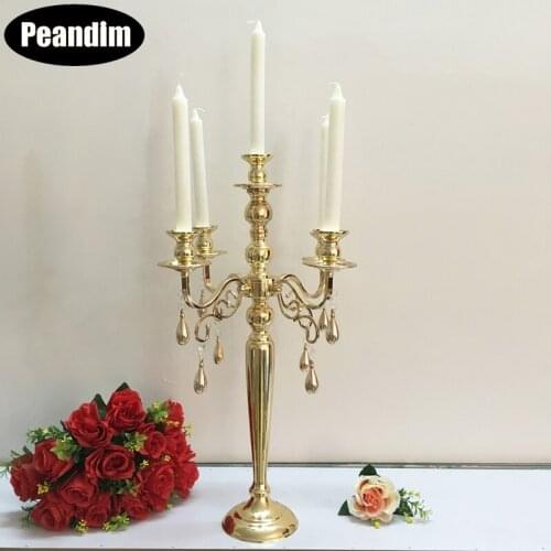 PEANDIM Gold Candelabra 5 Heads Candle Holders With Crystal Pendants Metal Wedding Candlestick Party Home Decor