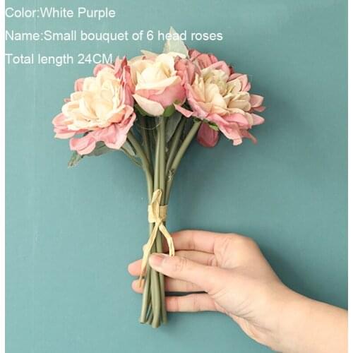 10Pcs/lot Rose Bunch of 6Heads Silk Flowers for Home Decoration Wedding Hand Hold Bouquet Fake Flowers Wreath Roses
