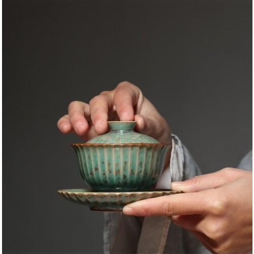 100ml Green Glaze Kiln Change Gaiwan Vintage Ceramic Kung Fu Tea Bowls Master Cup Pu'er Tea Tureen Tea Cup Teapots Bowl with Lid