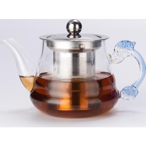Jusen 420ML/460ML/480ML Blue Handle Heat Resistant Borosilicate Glass With Stainless Steel Teapot Infuser Puer Oolong Teaware
