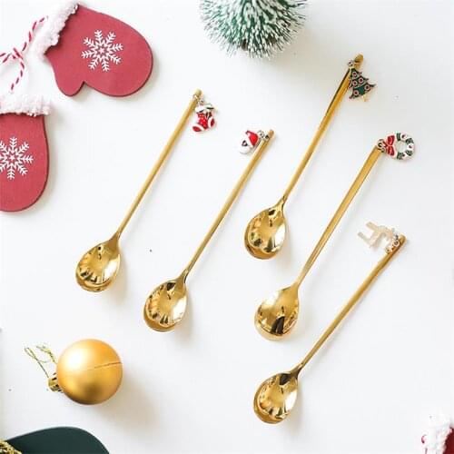 5.3' 6pcs Creative Gold Christmas Spoon Long Handle Coffee spoons Xmas Gift Silverware Stainless Steel Teaspoon Children Cutlery
