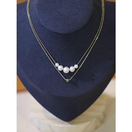 9K gold necklace, non-fading shiny light gold fashion double layer, natural freshwater pearl gradient design, female jewelry