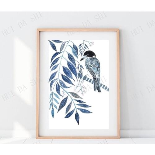 Australian Native Butcher Bird Art Print Blue and White Hamptons Decor Chinoiserie Willow pattern inspired Botanical Print