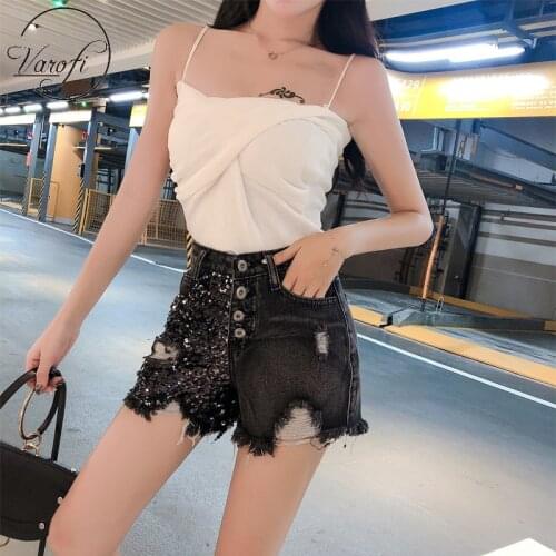 Varofi Large sexy jean shorts 2021 summer girl high waist thin hip stretch long leg style hip jeans