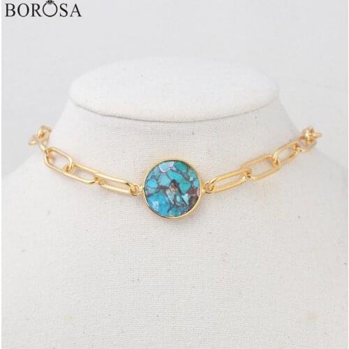 BOROSA Round Natural Turquoises Gold Pendant Necklaces Women Gems Stone Connector for Bracelet Choker Necklace Jewelry HD0353