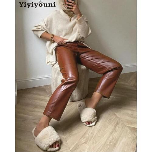 Yiyiyouni Autumn Winter Fleece Liner Straight Leather Pants Women Loose Drawstring High Waist Black Casual Trousers Female 2021