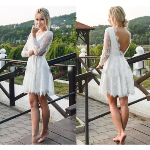 Boho Wedding Dress Short Wedding Dresses Illusion Long Sleeves Full Lace V Neck Backless White Summer Dress Beach Bridal Gowns