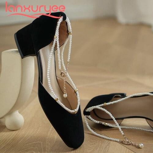 Lanxuryee french romantic sheep suede chains beading square toe thick med heel buckle straps pretty girls maiden women pumps L7b