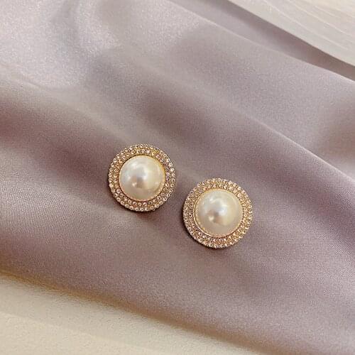 New Vintage Round Pearl Zircon Stone Big Stud Earrings For Women Fashion Temperament Simulated Pearl Brinco