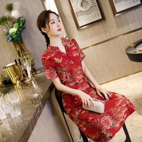 Summer Dress Chinese National Style Retro V Neck Improved Cheongsam Large Size Thin Crane Classic Modern Qipao Mother Dress