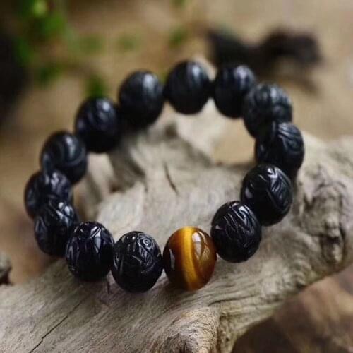 Natural Obsidian Stone Bracelets Round Beads Carved PiXiu Yellow Tiger Eye Stone Bracelets Lucky for Women Men Energy Jewery