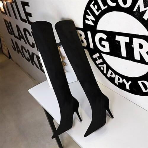 Size 34-40 Simple Winter Flock Long Boots Pointed High Heels Women Over The Knee Boots Stretch Fabric Thigh High Sexy Woman Shoe