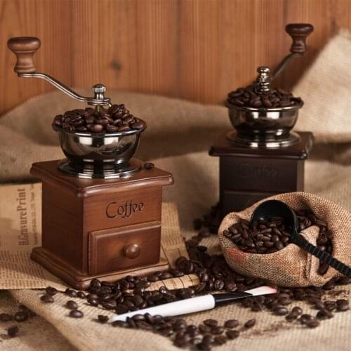Manual Coffee Bean Grinder Vintage Wooden Coffee Mill with Adjustable Gear Setting Portable Small Grinder