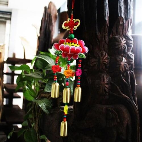 Yunnan Style Handmade Embroidered Lotus Sachets Chimes Chinese Knot Wood Fish Mascot Windchimes Festival Hanging Decoration