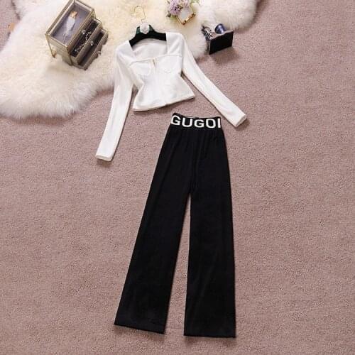 Women Fall Winter Square Collar Short Design T-shirt Top and Letters Prints Elastic Waist Wide Leg Velvet Pants Casual Sets TN13