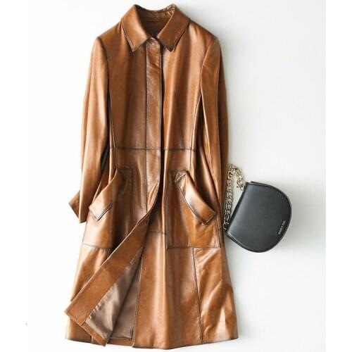 Real Genuine Leather Jacket Women Long Autumn 100% Sheepskin Coat Womens Windbreaker Leather Jackets Cuero Genuino KQN28217