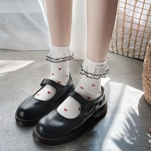 L93F Women Sweet Double Layer Ruffle Frilly Short Socks Japanese Lolita Kawaii Little Heart Print Princess Cotton Hosiery