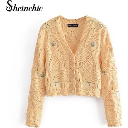 Runway Designers Tops Mujer 2021 Casual Women V-neck Floral Embroidery Knitted Sweater Long Sleeve Cardigan Femme