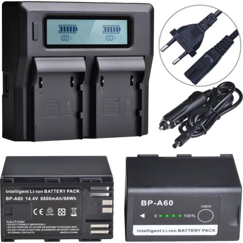 2Pcs 6800mAh BP-A60 BP A60 Battery + LCD Dual Charger for Canon CA-CP200L, EOS C200, C200 PL, C200B, C300 Mark II, XF705