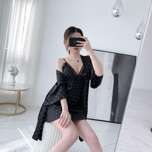 Summer Nightgown 2pc Womens Ice Silk Thin Sexy Sleep Wear Women Dress Lounge Set Silk High Quality Lingerie Set with Robe