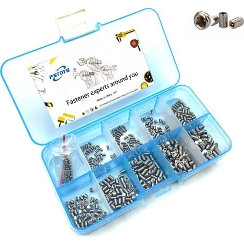500Pcs/set M2 M2.5 M3 M4 DIN913 304 Stainless Steel Metric Thread Grub Screw Flat Point Hexagon Socket Set Screws Headless Kit