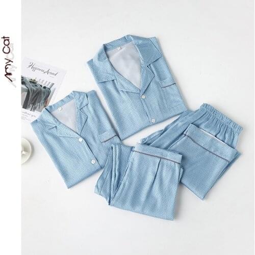 2020 Mens Pajamas Summer Style Satin Black Polka Dot Short-sleeved Trousers Plus Size Cardigan Lapel Suit Viscose Home Service