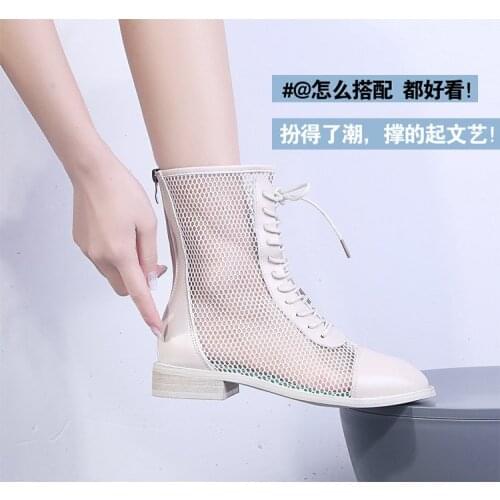 2021Fashion Hollow Out Summer Boots Flock Outdoor Sexy Lady Spring Shoes Lace-Up Motorcycle Office Women Sandal