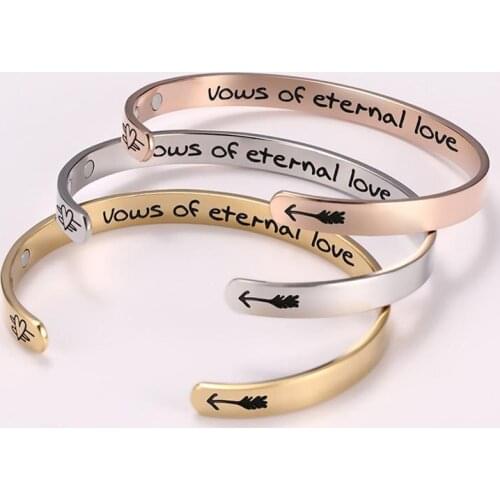 Trendy Engraved Letter C Shape Stainless Steel Magnetic Cuff Bangle Vows of Eternal Love Word Bracelet Gift for Lovers