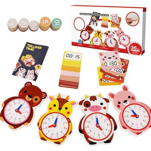 Kids Montessori Animal Wooden Clock Toys Hour Minute Second Cognition Matching Cards Boards Games Educational Toys Teaching Aids