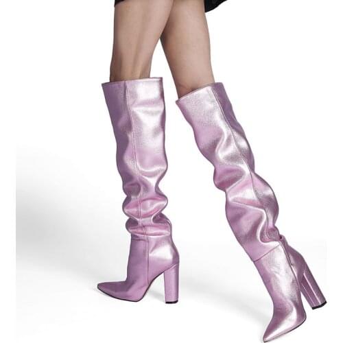 Dovereiss Fashion shoes For Woman Winter Sexy Rose Red Yellow Silver Pointed Toe Block Heels Knee high boots Elegant Mature 43