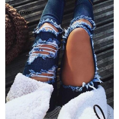 Boyfriend Hole Ripped Jeans Women Pants Cool Denim Vintage Straight Jeans For Girl Mid Waist Casual Female Dark Blue Vintage