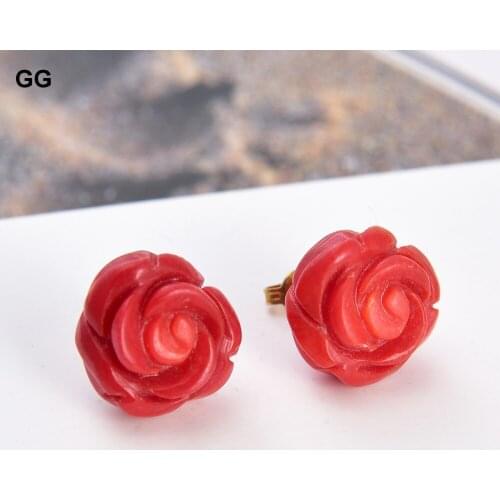 GuaiGuai Jewelry Natural Classic 15mm Natural Carven Red Coral Flower 14K Stud Earrings For Women Girls