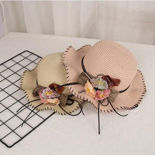 H7443 Korean Wavy Brim Flower Straw Sun Hat Children Outdoor Sunscreen Sunshade Cap Kids Girls Summer Beach Cool Breathable Hats