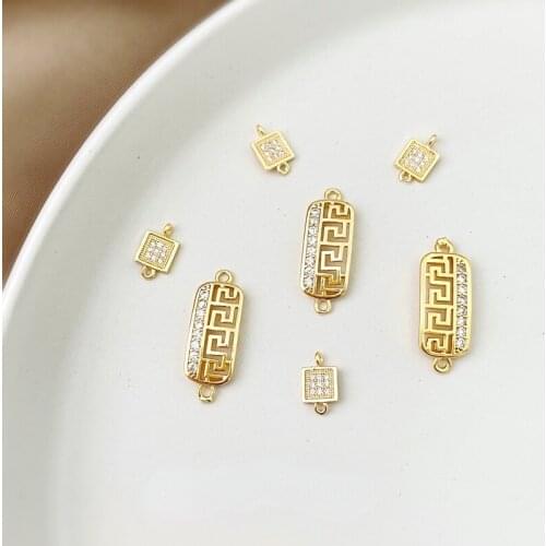 Copper plated real gold retro Chinese style inlaid zircon square connection DIY earrings necklace material