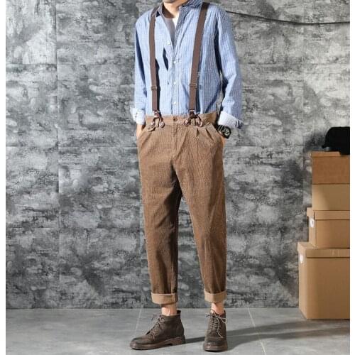 Retro Mens Corduroy Straight-Leg Overalls Loose Casual Suspenders Pants 2021 New