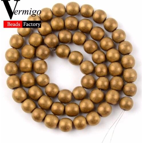 Natural Gem Round Dull Polished Matte Plated Gold Hematite Stone Beads For Jewelry Making Diy Bracelet Accessories Jewellery 15"
