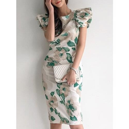 Summer New Women Sexy Puff Sleeve Office lady Elegant Slim Waist Female Print Dresses Vestidos