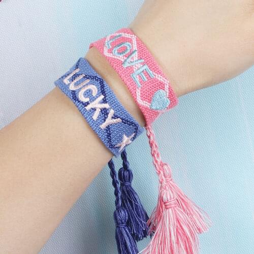 Handmade Embroidered Letter Lucky Love Woven Tassel Bracelets for Women Adjustable Braided Rope Bracelet Friendship Ethnic Gifts