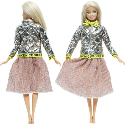 One Set Fashion Outfit Daily Casual Wear Print T-shirt Blouse Gray Skirt Dress Clothes for Barbie Doll Kids Toy Accessories Toy