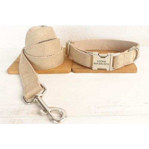Personalized Pet Collar Customized Nameplate ID Tag Adjustable Soft Khaki Suede Fabric Cat Dog Collars Lead Leash Set